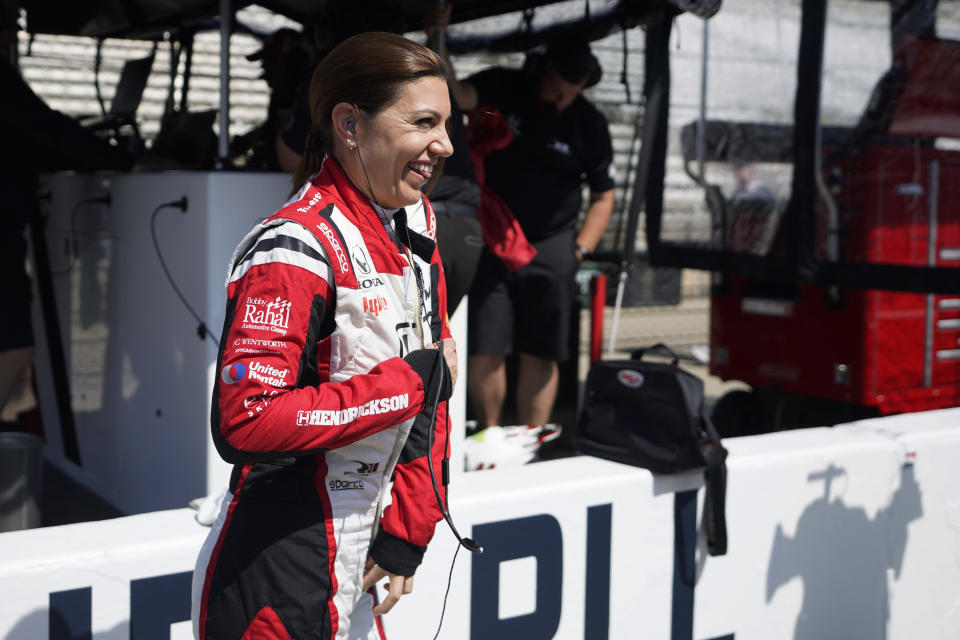 Katherine Legge, of England, prepares to drive during practice for the Indianapolis 500 auto race at Indianapolis Motor Speedway, Thursday, May 25, 2023, in Indianapolis. (AP Photo/Darron Cummings)