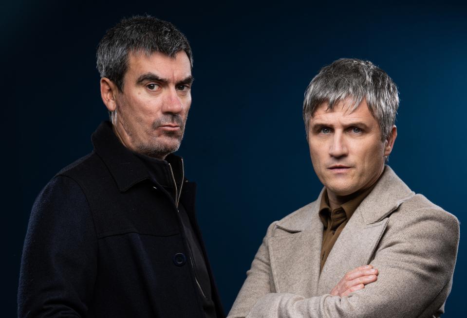 Will Ash as Caleb Miligan and Jeff Hordley as Cain Dingle in Emmerdale