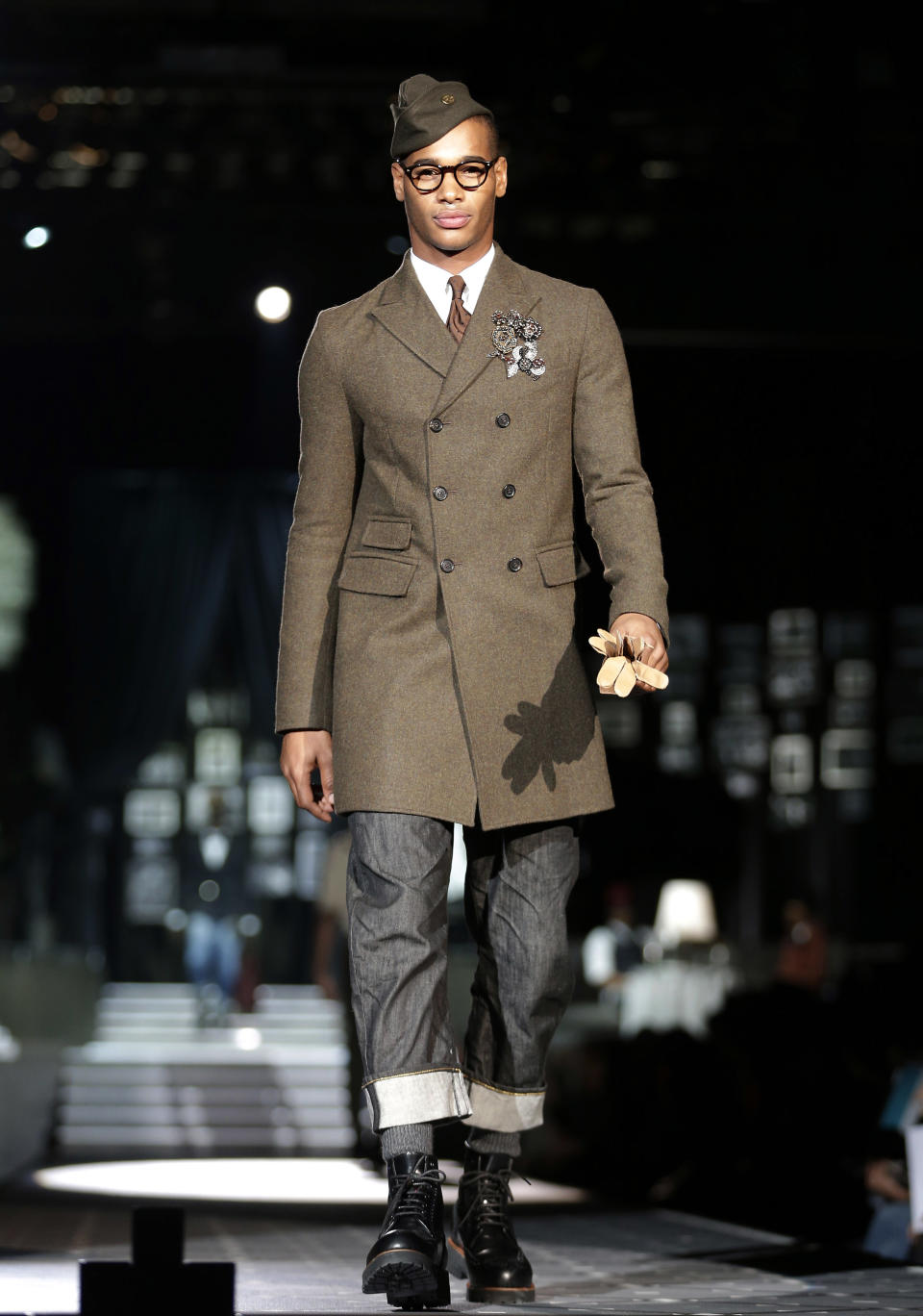 A model wears a creation for DSquared2 men's Fall-Winter 2013-14 collection, part of the Milan Fashion Week, unveiled in Milan, Italy, Tuesday, Jan. 15, 2013. (AP Photo/Antonio Calanni)