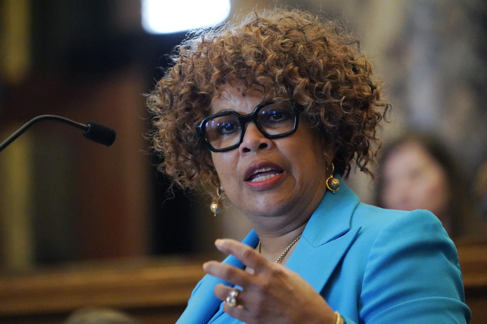 FILE - Mississippi Sen. Barbara Blackmon, D-Canton, speaks during a debate, March 7, 2023, at the Mississippi Capitol in Jackson, Miss. Blackmon originally qualified to seek reelection but dropped out of the race, clearing the way for her son, Bradford Blackmon, to win the state Senate seat in the Nov. 7 general election. (AP Photo/Rogelio V. Solis, File)