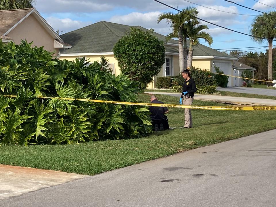 A man was shot in the 2000 block of Southwest Villanova Road in Port St. Lucie Jan. 25, 2024, during the attempted repossession of a vehicle, according to the Port St. Lucie Police Department. Investigators look for evidence.