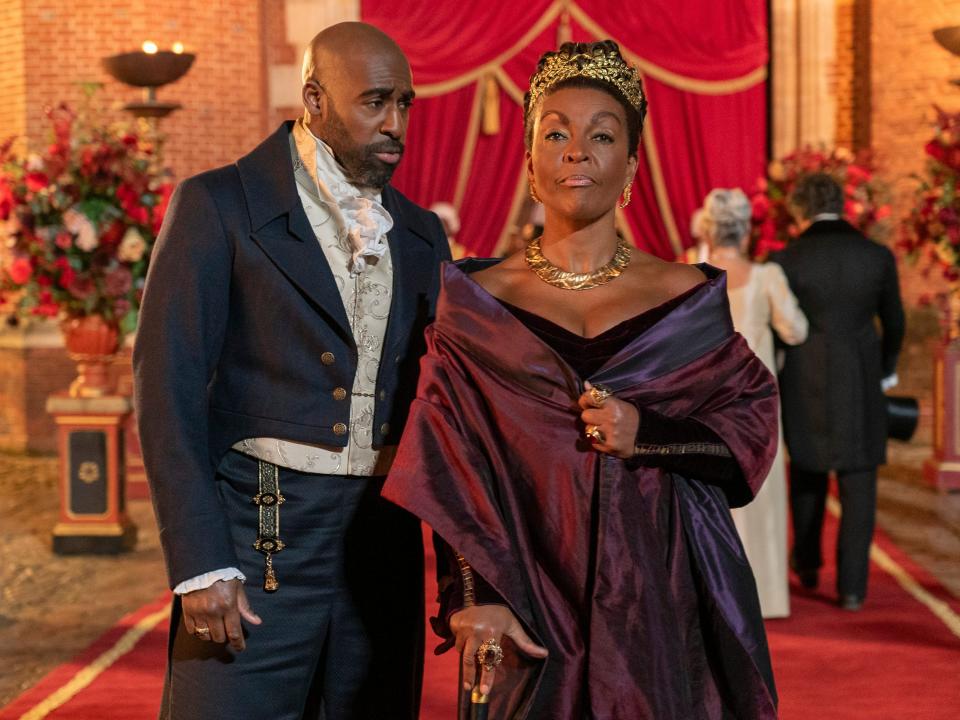 Daniel Francis as Lord Anderson, Adjoa Andoh as Lady Agatha Danbury on season three, episode four of "Bridgerton."