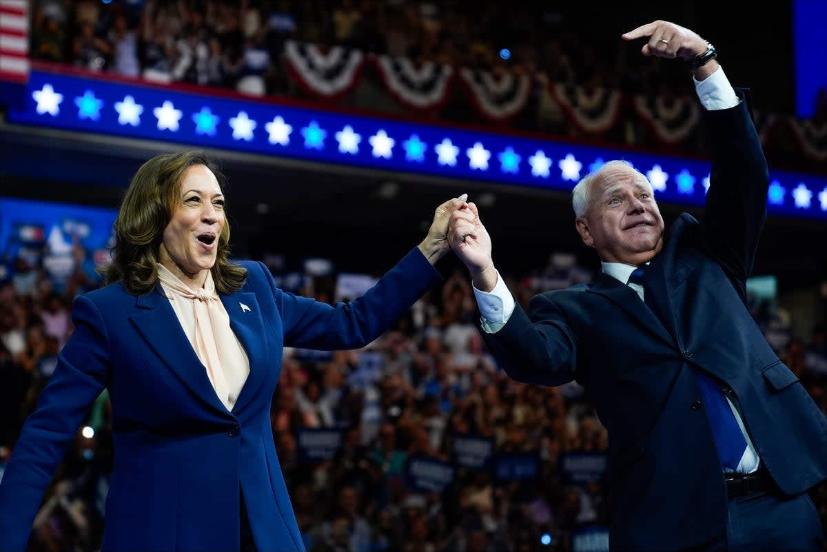 Democratic presidential nominee Vice President Kamala Harris and her running mate Minnesota Gov. Tim Walz speak at a campaign rally in Philadelphia on Aug. 6 (Copyright 2024 The Associated Press. All rights reserved.)