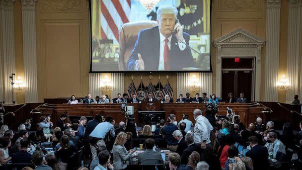 PHOTO: An image of former President Donald Trump is displayed during the third hearing of the House Select Committee to Investigate the January 6th Attack on the Capitol in the Cannon House Office Building, on Capitol Hill, June 16, 2022. (Pool via Reuters, FILE)