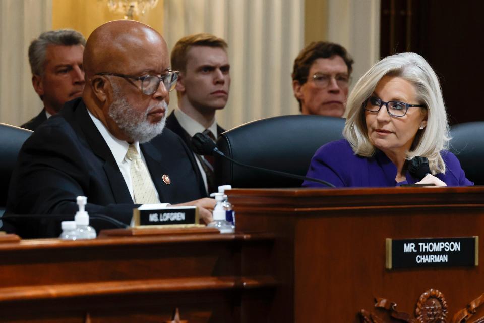 U.S. Rep. Bennie Thompson (D-MS), Chairman of the Select Committee to Investigate the January 6th Attack on the U.S. Capitol, and Vice Chairwoman Rep. Liz Cheney (R-WY), participate in the last public Committee hearing, in the Canon House Office Building on Capitol Hill on Dec. 19, 2022 in Washington, DC.