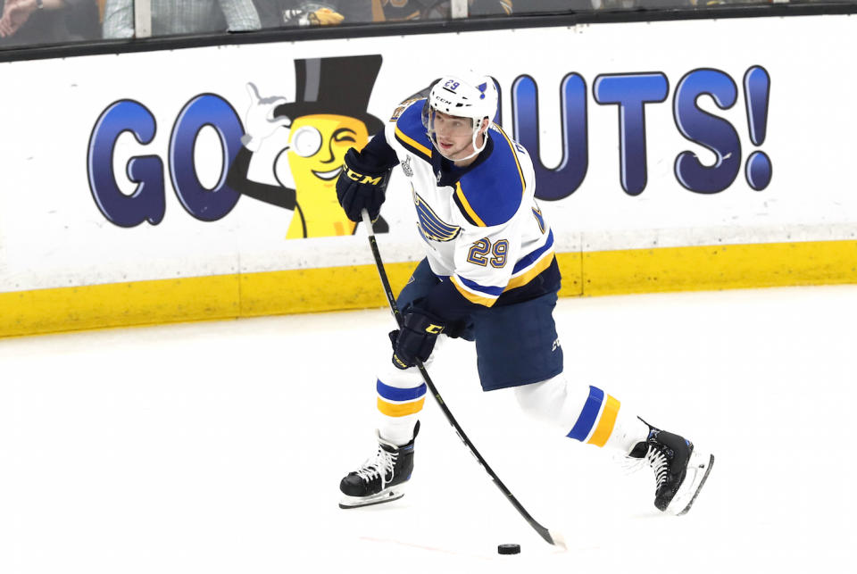 St. Louis Blues defenceman Vince Dunn surprised a fan battling colon cancer with the Stanley Cup and other gifts. (Photo by Fred Kfoury III/Icon Sportswire via Getty Images)