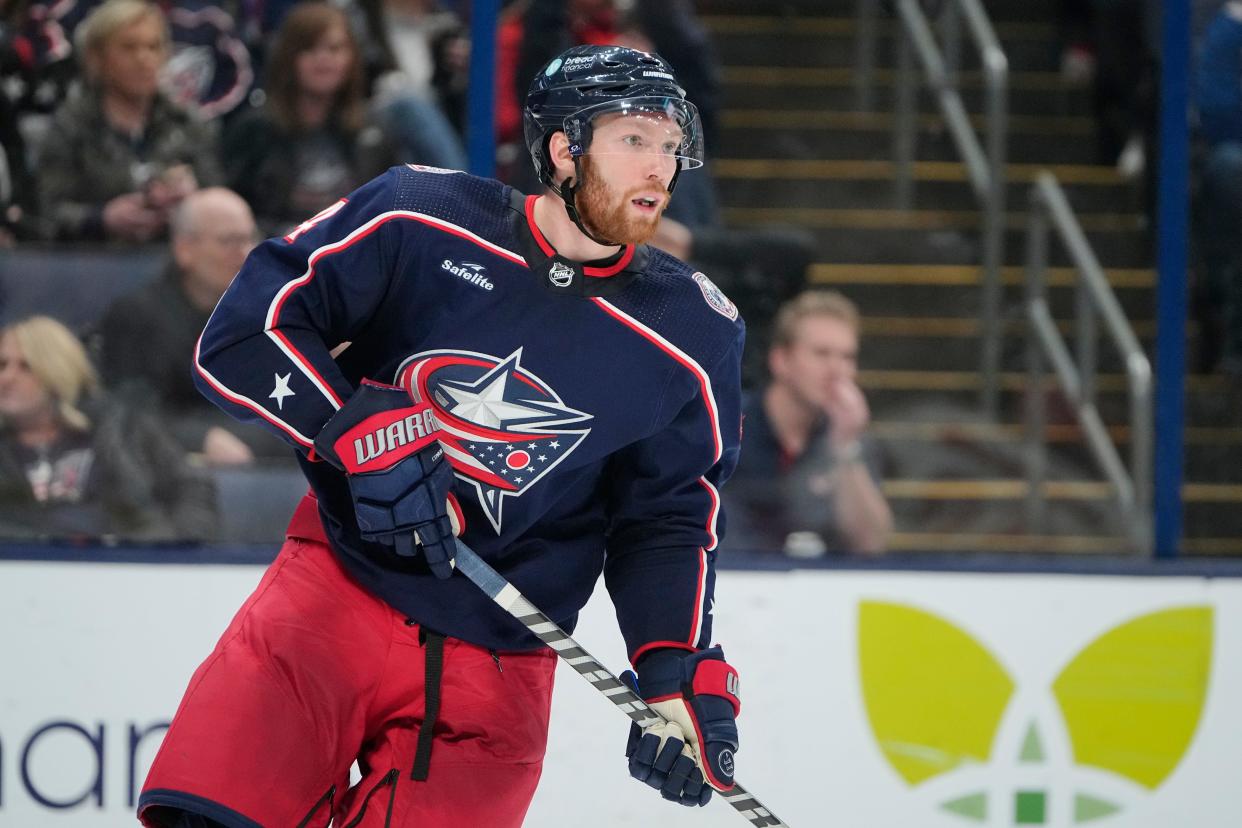 Jan 12, 2023; Columbus, Ohio, USA;  Columbus Blue Jackets defenseman Vladislav Gavrikov (4) skates during the second period of the NHL hockey game against the Carolina Hurricanes at Nationwide Arena. Mandatory Credit: Adam Cairns-The Columbus Dispatch