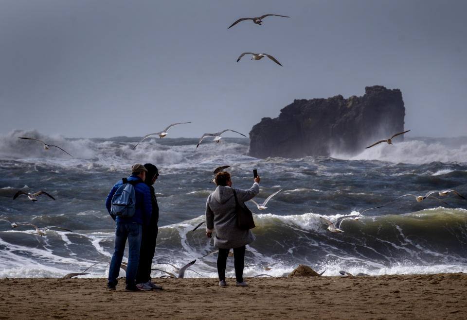 Tourists take pictures of seagulls in Nazare, Portugal, Wednesday, March 27, 2024. Strong winds caused the high waves in one of the world's most popular surf spots. (AP Photo/Michael Probst)