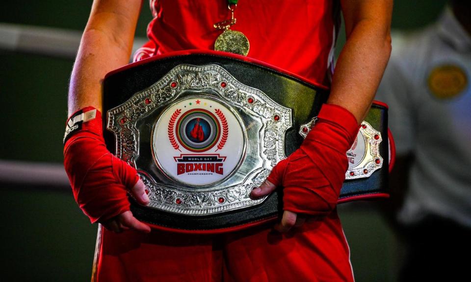 <span>A World Gay Boxing Championships belt. ‘The upside of taking action against homophobia is growing the sport,’ says organiser Martin Stark.</span><span>Photograph: Keith McInnes</span>