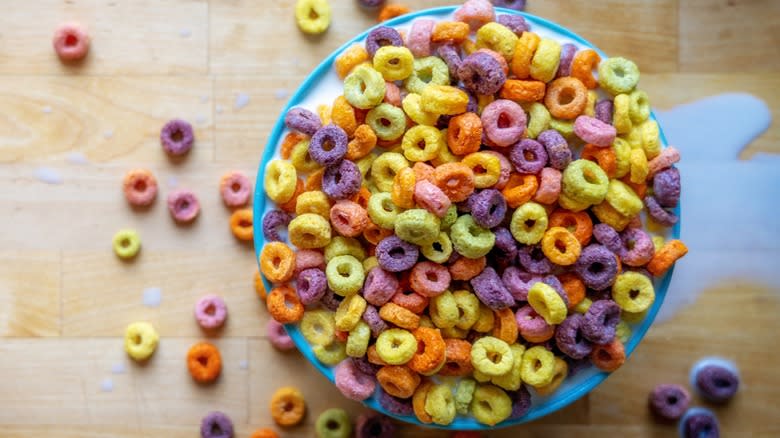 Top-down view of Froot Loops cereal in milk