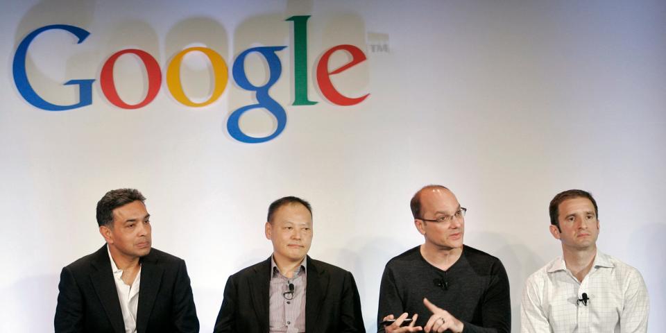 Dr. Sanjay Jha, CEO of Motorola, Peter Chou, CEO of HTC, Andy Rubin, vice president of engineering for Google, and Mario Quieroz, vice president of product management for Google, (L-R), during a question and answer period after the unveiling of the Nexus One smartphone, the first mobile phone the internet company will sell directly to consumers, during a news conference at Google headquarters in Mountain View, California January 5, 2010.