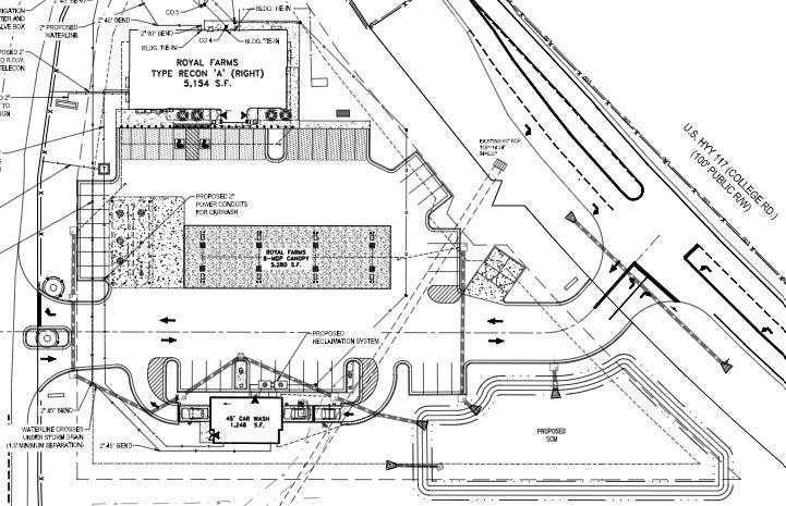 Site plans for a Royal Farms convenience store, gas station and car wash planned near the intersection of Castle Hayne and N. College roads.