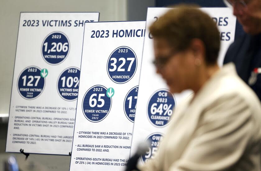 LOS ANGELES-CA-JANUARY 24, 2024: Mayor Karen Bass and LAPD Chief Michel Moore hold a news conferences to discuss the 2023 crime statistics and upcoming LAPD initiatives at LAPD headquarters in downtown Los Angeles on January 24, 2024. (Christina House / Los Angeles Times)