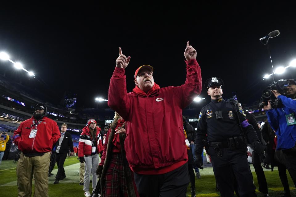 Kansas City Chiefs head coach Andy Reid gestures as he walks off the field after defeating the Baltimore Ravens in the AFC Championship NFL football game, Sunday, Jan. 28, 2024, in Baltimore. (AP Photo/Matt Slocum)