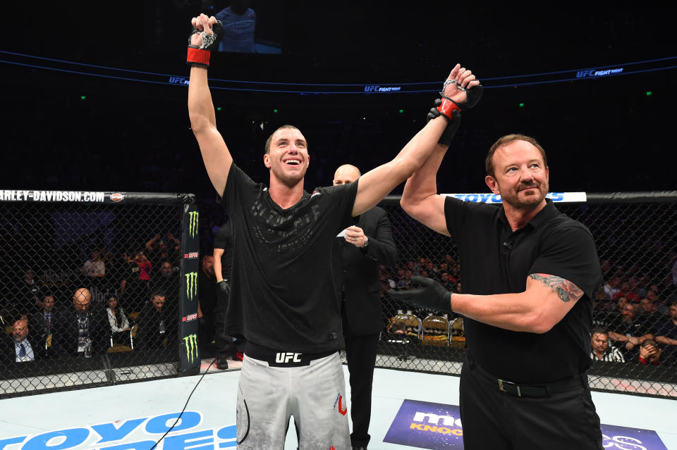 James Vick celebrates after his unanimous decision victory over Francisco Trinaldo of Brazil in their lightweight bout during the UFC Fight Night event at Frank Erwin Center on February 18, 2018 in Austin, Texas. (Getty Images)