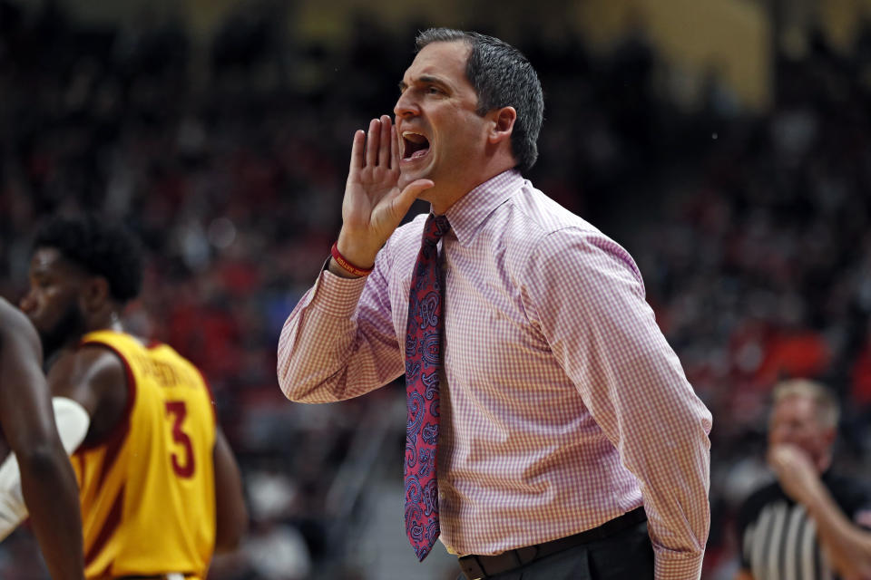 Iowa State coach Steve Prohm yells to his players during the first half of an NCAA college basketball game against Texas Tech, Saturday, Jan. 18, 2020, in Lubbock, Texas. (AP Photo/Brad Tollefson)