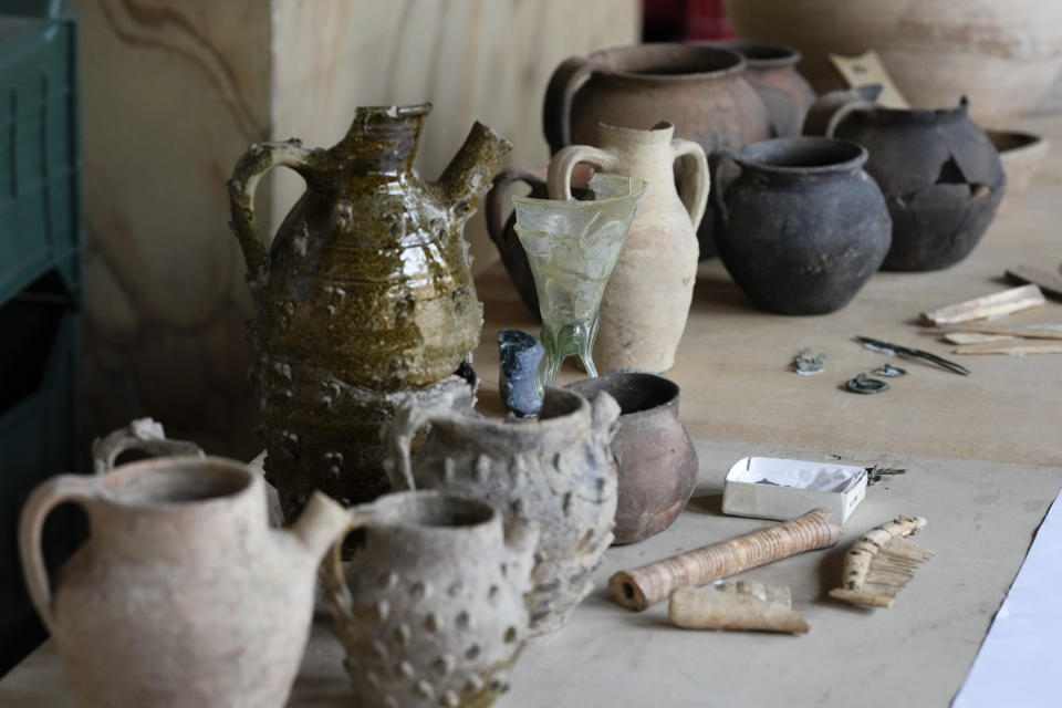 Medieval artifacts, dated between the 10th and 14th century A.D., coming from the excavation of ancient Roman emperor Nero's theater, are seen during a press preview, in Rome, Wednesday, July 26, 2023. The ruins of Nero's Theater, an imperial theater referred to ancient Roman texts but never found, have been discovered under the garden of the future Four Season's Hotel, steps from the Vatican, after excavating the walled garden of the Palazzo della Rovere since 2020, as part of planned renovations on the Renaissance building. (AP Photo/Andrew Medichini)