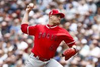 FILE PHOTO: Jul 4, 2018; Seattle, WA, USA; Los Angeles Angels pitcher Garrett Richards (43) delivers against the Seattle Mariners in the first inning at Safeco Field. Mandatory Credit: Lindsey Wasson-USA TODAY Sports - 10923405