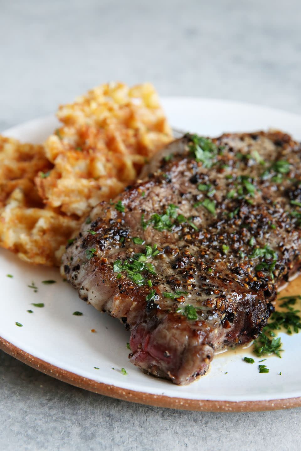 Steak au Poivre with Tater Tot Waffles