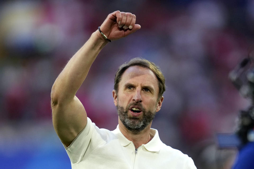 England's manager Gareth Southgate reacts after a quarterfinal match between England and Switzerland at the Euro 2024 soccer tournament in Duesseldorf, Germany, Saturday, July 6, 2024. (AP Photo/Darko Vojinovic)