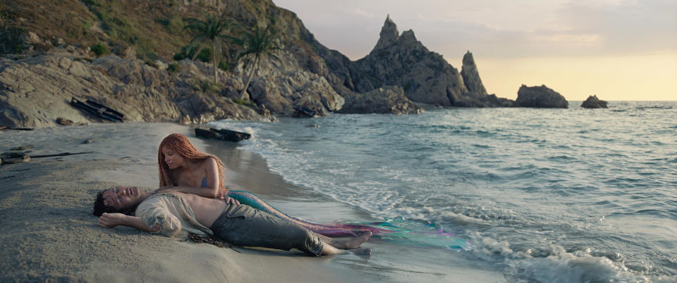 (L-R): Jonah Hauer-King as Prince Eric and Halle Bailey as Ariel in Disney's live-action THE LITTLE MERMAID. Photo courtesy of Disney. © 2023 Disney Enterprises, Inc. All Rights Reserved.