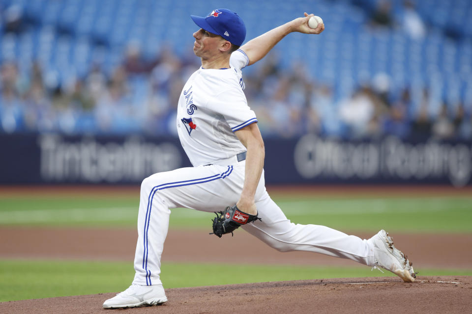 Toronto Blue Jays starting pitcher Chris Bassitt throws against the Detroit Tigers during first-inning baseball game action in Toronto, Thursday, April 13, 2023. (Cole Burston/The Canadian Press via AP)