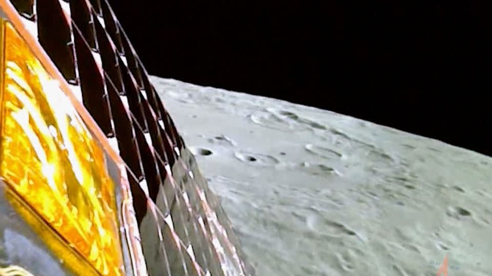 An image from video provided by the Indian Space Research Organization shows the moon's surface as the Chandrayaan-3 spacecraft prepares for landing on August 23, 2023. India became the first country to land a spacecraft in the moon's south pole region. - ISRO/AP