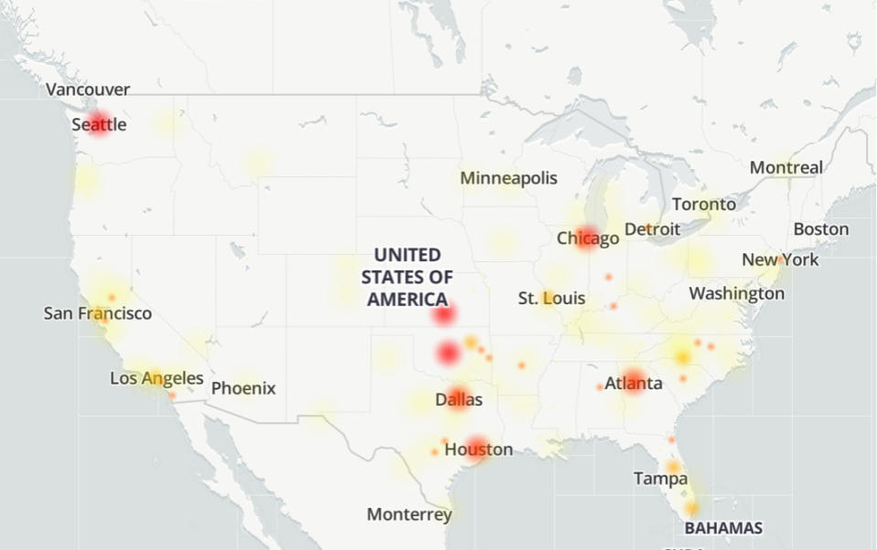 AT&T cellular disruptions in the U.S. by user reports from DownDetector.com