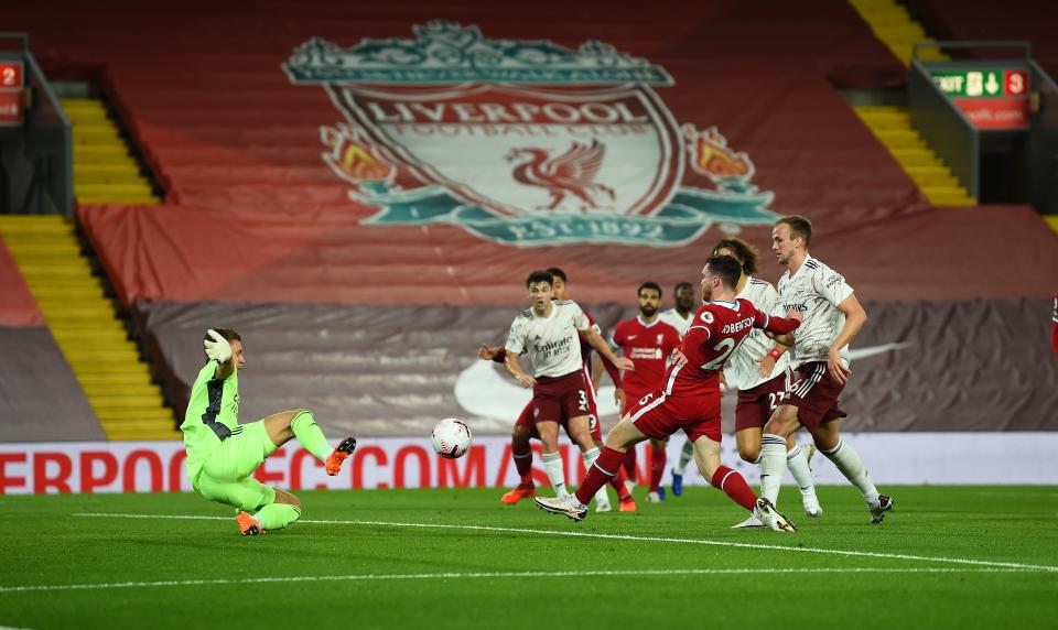 Andrew Robertson pokes home Liverpool's second goal (Liverpool FC via Getty Images)