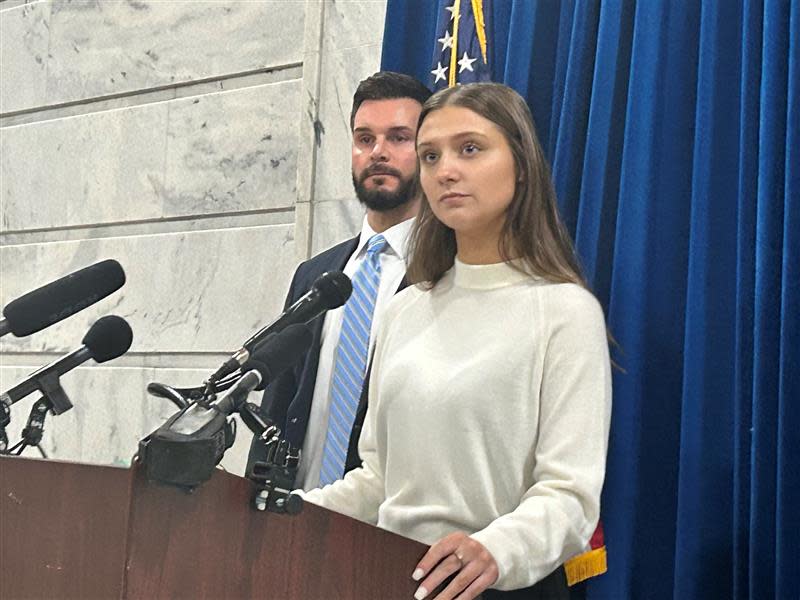 Hadley Duvall speaks at a press conference about a proposed bill that would add exceptions to Kentucky's near-total abortion ban. She was joined by bill sponsor Sen. David Yates. Jan. 9, 2023