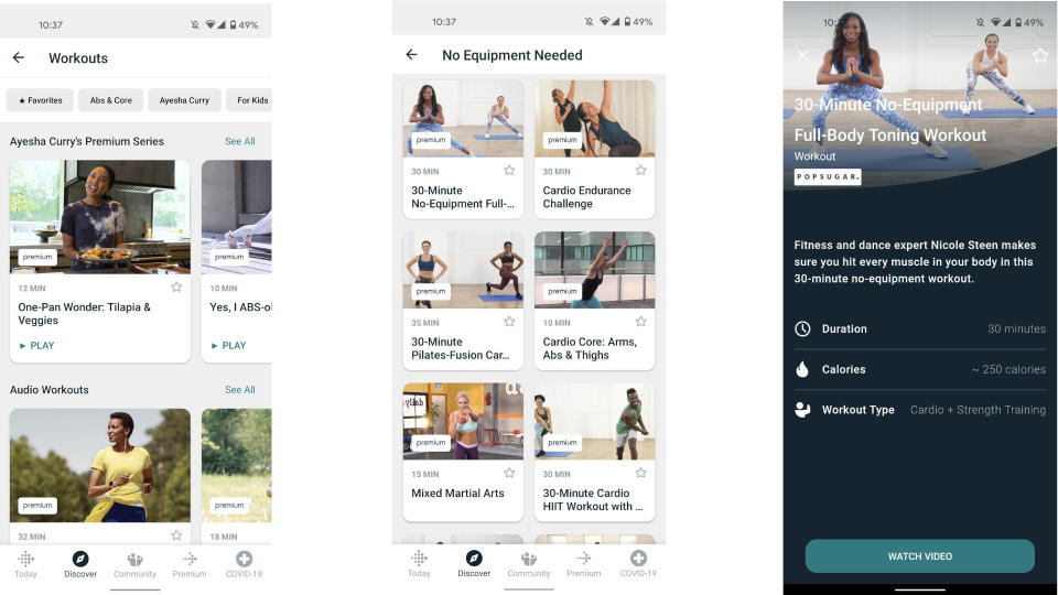 Fitbit Premium app screenshots: List of workouts (Left); list of no-equipment workouts (middle); Specific workout page showing duration, calories, and type of equipment (Right)