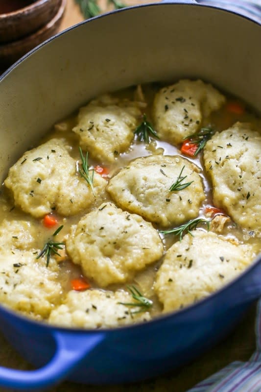 <p>Simply Whisked</p><p>This warm and comforting apple rosemary chicken and dumplings recipe is the perfect meal to make for a cozy dinner.</p><p><strong>Get the recipe: <a href="https://www.simplywhisked.com/apple-rosemary-chicken-dumplings/" rel="nofollow noopener" target="_blank" data-ylk="slk:Apple Rosemary Chicken and Dumplings;elm:context_link;itc:0;sec:content-canvas" class="link rapid-noclick-resp"><em>Apple Rosemary Chicken and Dumplings</em></a></strong></p>