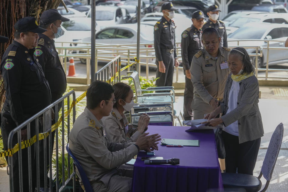 Potential candidates to become members of Thailand's next Senate arrive at the Phaya Thai district office in Bangkok on Monday, May 20, 2024.Thailand on Monday officially kicked off the task of selecting a new set of Senators, a process that has become part of the ongoing war between progressive forces hoping for democratic political reforms and conservatives seeking to keep the status quo. (AP Photo/Sakchai Lalit)