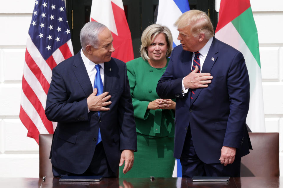 Cam Henderson (center) is the chief of protocol at the State Department, attending high-profile events like the White House ceremony in September at which Bahrain and the United Arab Emirates agreed to recognize Israel.  (Photo: Alex Wong via Getty Images)