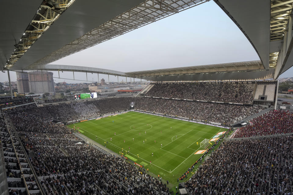 Fans pack the stands of the Neo Quimica arena during a Brazilian soccer league match between Corinthians and Flamengo in Sao Paulo, Brazil, Sunday, Sept. 1, 2024. The arena is set to host an NFL football game between the Green Bay Packers and the Philadelphia Eagles on Sept. 6. (AP Photo/Andre Penner)