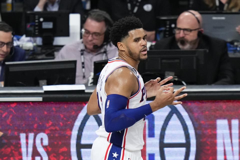 Philadelphia 76ers' Tobias Harris (12) gestures after making a 3-point shot during the second half of Game 4 in an NBA basketball first-round playoff series against the Brooklyn Nets Saturday, April 22, 2023, in New York. The 76ers won 96-88. (AP Photo/Frank Franklin II)