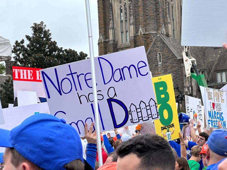 Signs from College Football Gameday before Duke hosts Notre Dame.