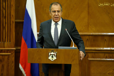 Russian Foreign Minister Sergei Lavrov speaks during his news conference with his Jordanian counterpart Ayman Safadi in Amman, Jordan September 11, 2017. REUTERS/Muhammad Hamed