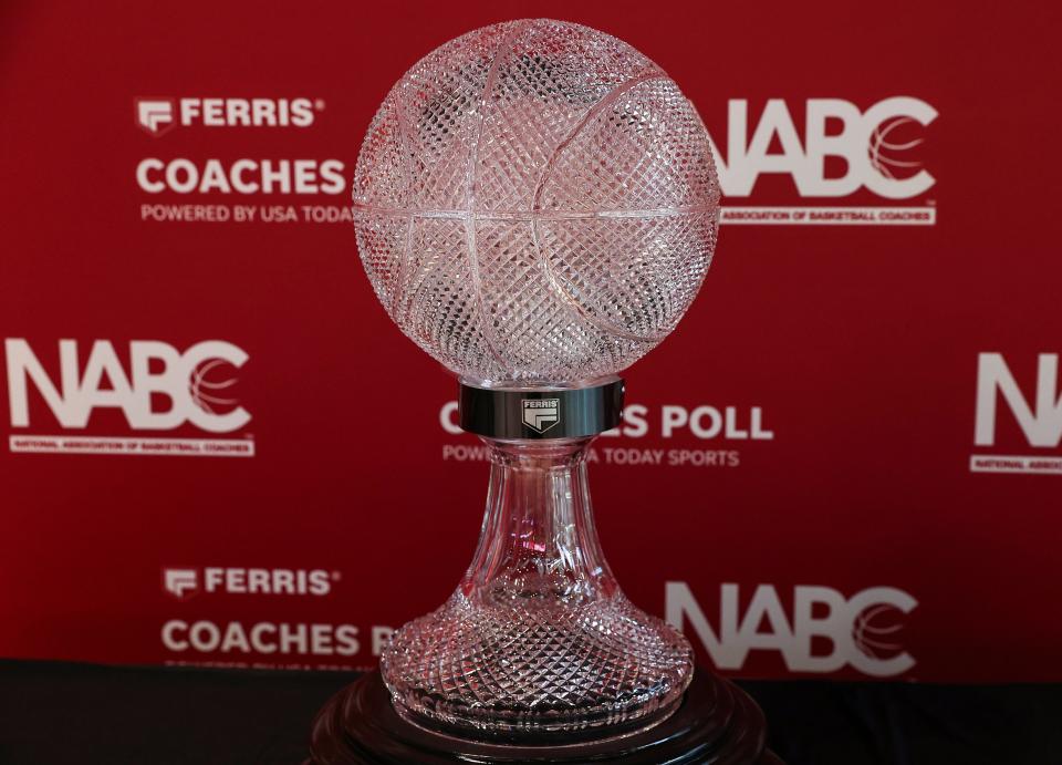 The Ferris Mowers NABC National Championship Trophy sits on display in Houston before a January 31 game between the Houston Cougars and the Southern Methodist Mustangs.