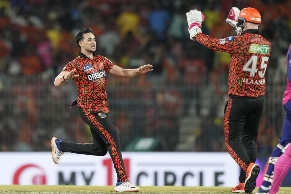 Sunrisers Hyderabad's Abhishek Sharma celebrates the wicket of Rajasthan Royals' Shimron Hetmyer during the Indian Premier League second qualifier cricket match between Rajasthan Royals and Sunrisers Hyderabad in Chennai, India, Friday, May 24, 2024. (AP Photo /Mahesh Kumar A.)