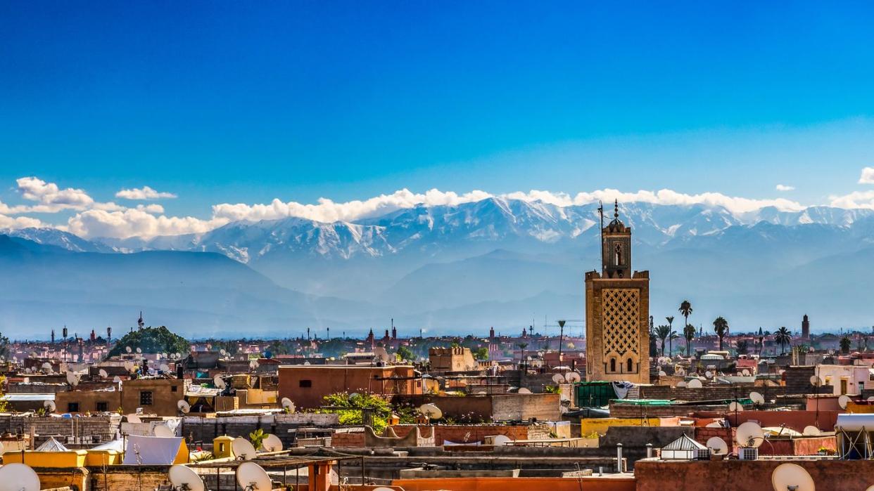 marrakech morocco rooftops with atlas mountains