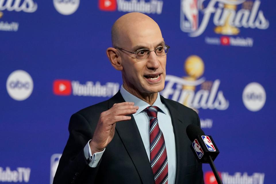 NBA Commissioner Adam Silver speaks at a news conference before Game 1 of basketball's NBA Finals between the Golden State Warriors and the Boston Celtics in San Francisco, Thursday, June 2, 2022.