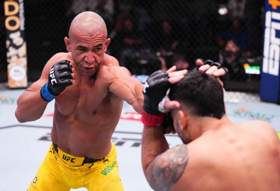 LAS VEGAS, NEVADA – FEBRUARY 10: (L-R) Gregory Rodrigues of Brazil punches Brad Tavares in a middleweight fight during the UFC Fight Night event at UFC APEX on February 10, 2024 in Las Vegas, Nevada. (Photo by Jeff Bottari/Zuffa LLC via Getty Images)