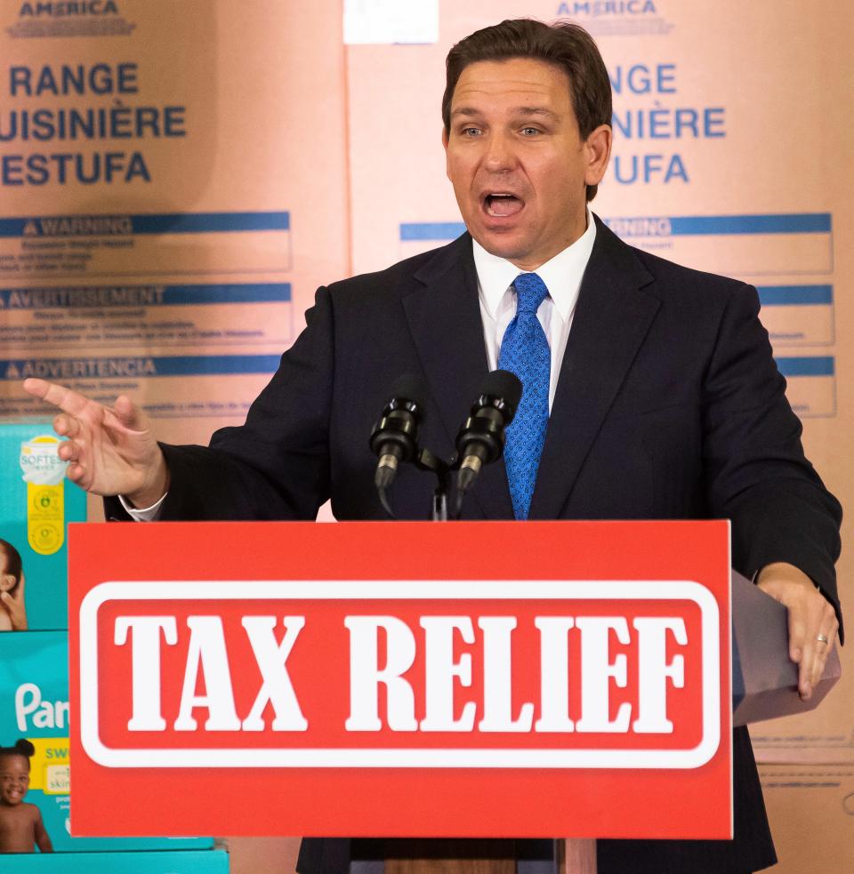 Florida Gov. Ron DeSantis announces tax relief  in Ocala on Feb. 8, 2023. He also wanted to eliminate more of Disney’s privileges by revoking Disney World’s designation as a special tax district.