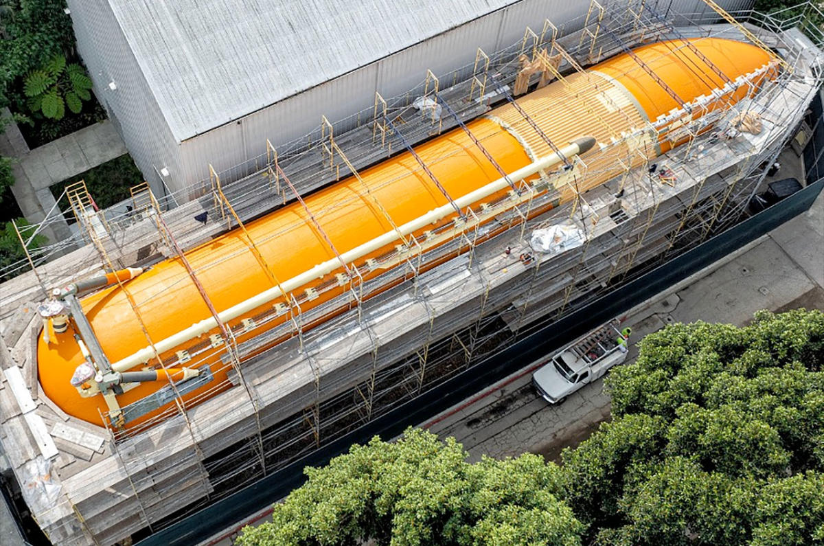 Last built-for-flight external tank lifted into place for space shuttle  Endeavour exhibit