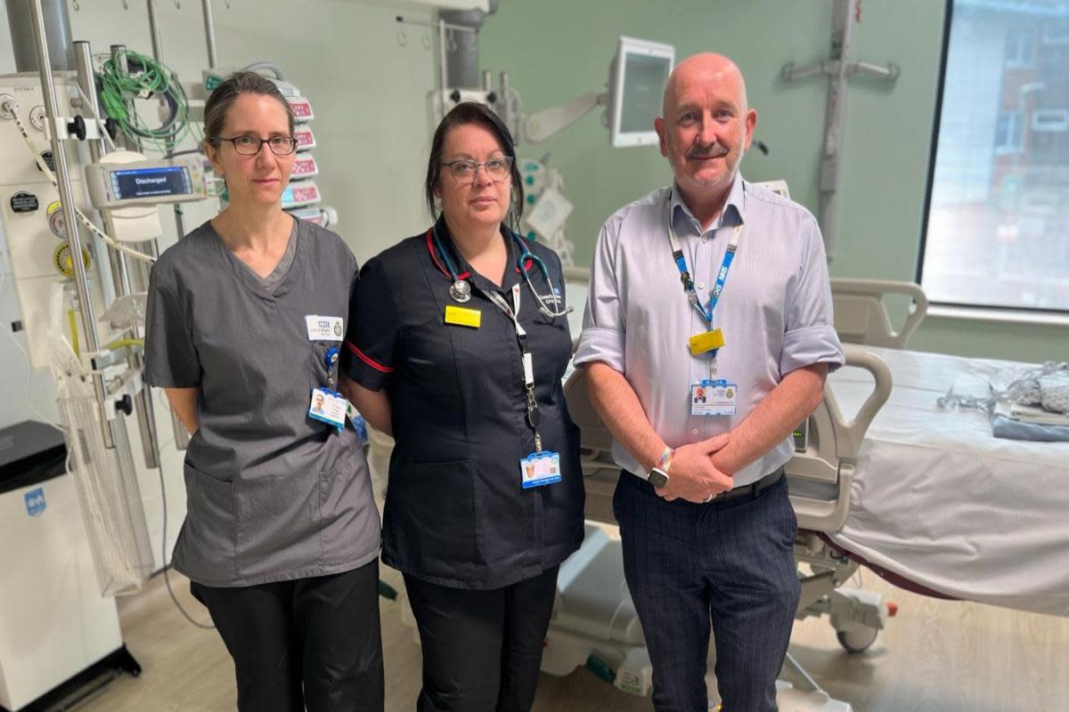 In the new ICU at St Mary's, from left Dr Muriel Prager, critical care clinical director, Vikki Crickmore, consultant critical care nurse, Joe Smyth, chief officer <i>(Image: IWCP)</i>