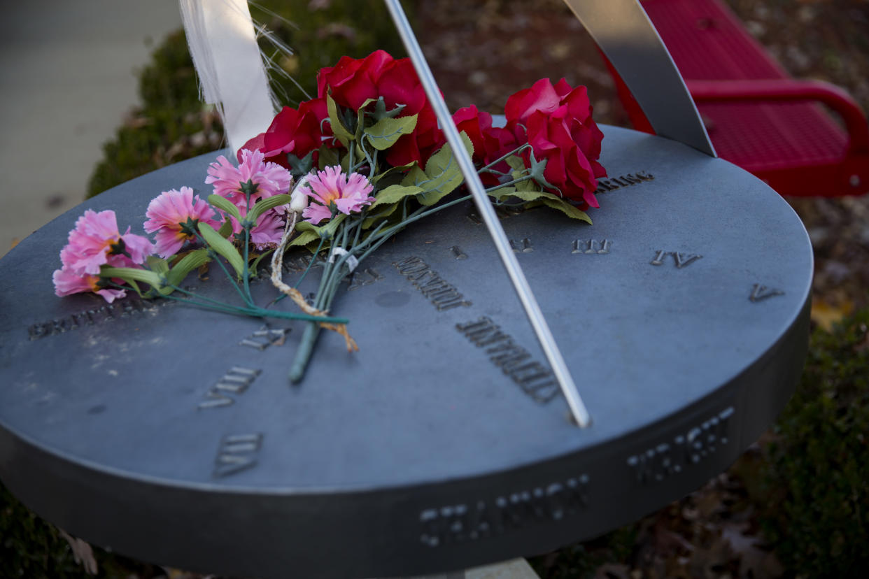 A sundial installed in honor of four children and a teacher killed in the 1998 school shooting in Jonesboro