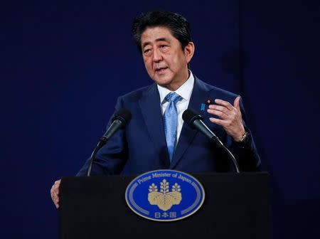 Japan's Prime Minister Shinzo Abe speaks during a news conference at a hotel in London, Britain April 29, 2017. REUTERS/Peter Nicholls