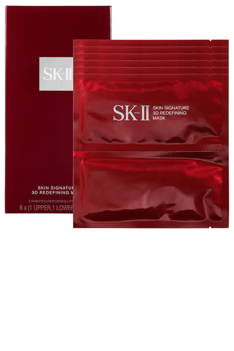 <p>This lifting and firming mask comes in two sheets, one for your jawline and one for your forehead. You <em>could</em> wear them together, or pass one to your seatmate so you're not the only one masking at 30,000 feet.</p><p><strong>SK-II</strong>Skin Signature 3D Redefining Masks, $160, <a rel="nofollow noopener" href="http://www.sephora.com/skin-signature-3d-redefining-mask-P375860?skuId=1448570&publisher_id=255779&sub_publisher=s&is_mobile=&sub1=&sub_keyword=&sub_campaign=378477159&sub_placement=&gdevice=c&gclid=CjwKEAiA9s_BBRCL3ZKWsfblgS8SJACbST7DWty5UgzZtQ6jKt0TBZ3u4ZL3WI8FO-_OqIp3t07uABoCY6Tw_wcB&site=_search&om_mmc=ppc-GG_378477159_27759166479_pla-181503195159_1448570_97594806399_9004057_c&gmodel=&country_switch=&lang=en&sub_ad=97594806399" target="_blank" data-ylk="slk:sephora.com;elm:context_link;itc:0;sec:content-canvas" class="link ">sephora.com</a></p>