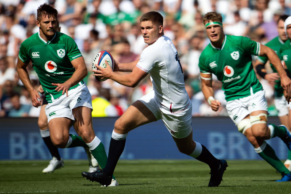 LONDON, ENGLAND - AUGUST 24: England's Owen Farrell in action during the Quilter International match between England and Ireland at Twickenham Stadium on August 24, 2019 in London, England. (Photo by Ashley Western/MB Media/Getty Images)